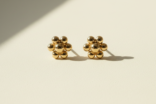 14k yellow gold granulated flower stud earrings with round beaded petals