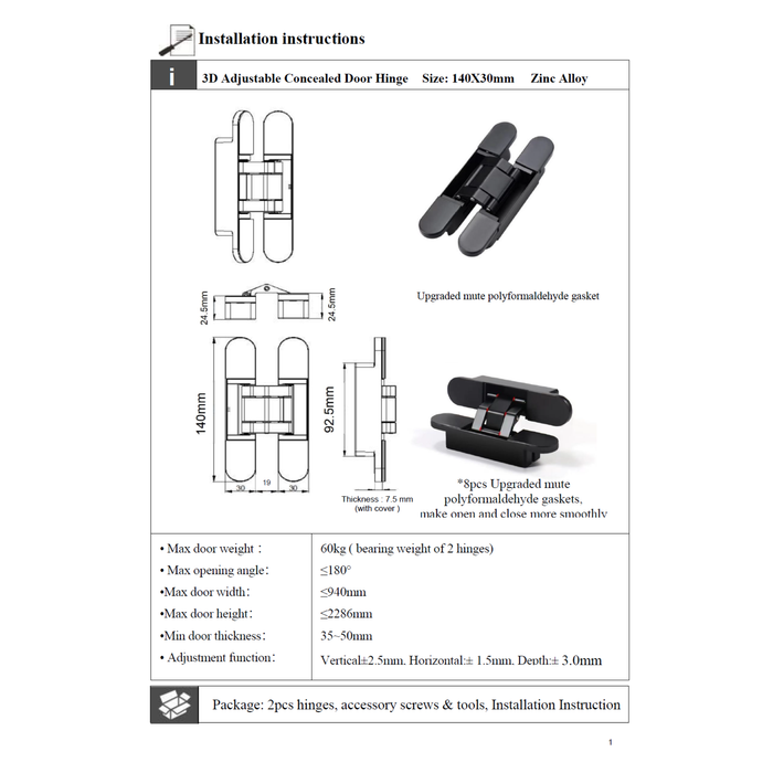 3D concealed  door hinge 30x140mm (60kg/pair)- silver/grey Misc