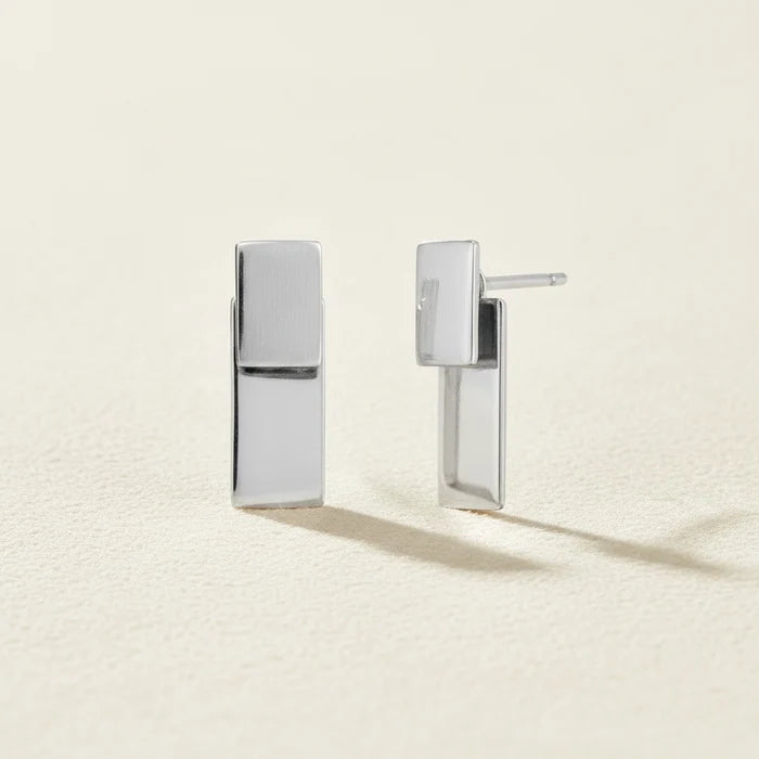 Silver rectangular post earrings with stacked vertical bar design