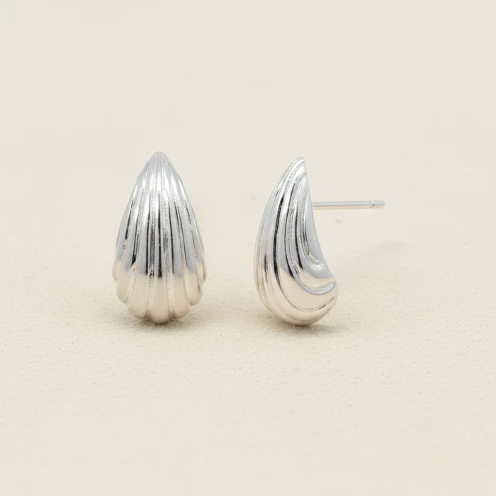 Textured teardrop stud earrings, silver-tone with ridged shell design