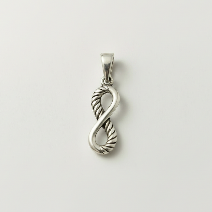 Silver infinity heart pendant with textured rope twist, pendant only