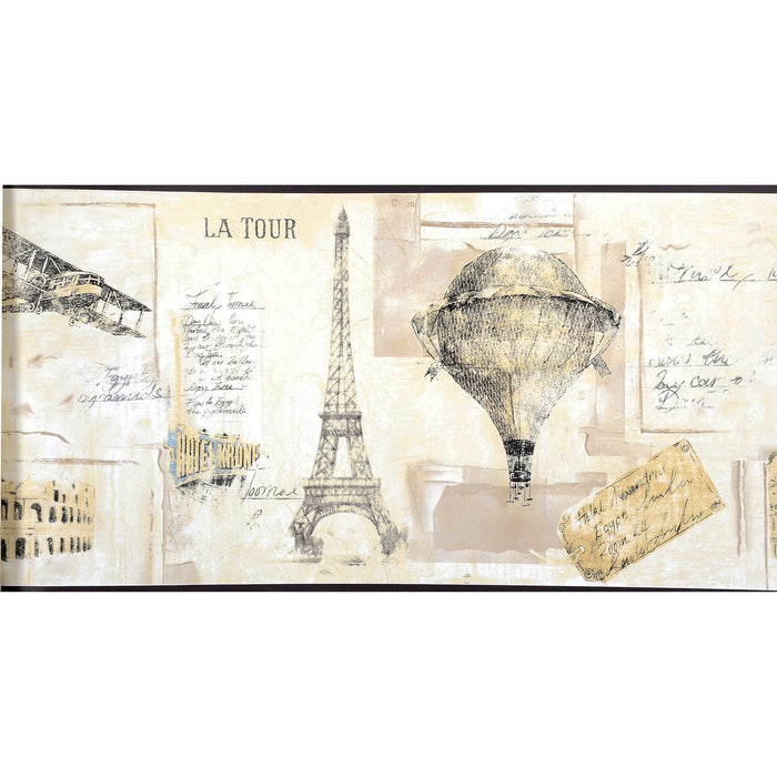 American Classic Black and Beige Paris Tour Motif Wallpaper 330889