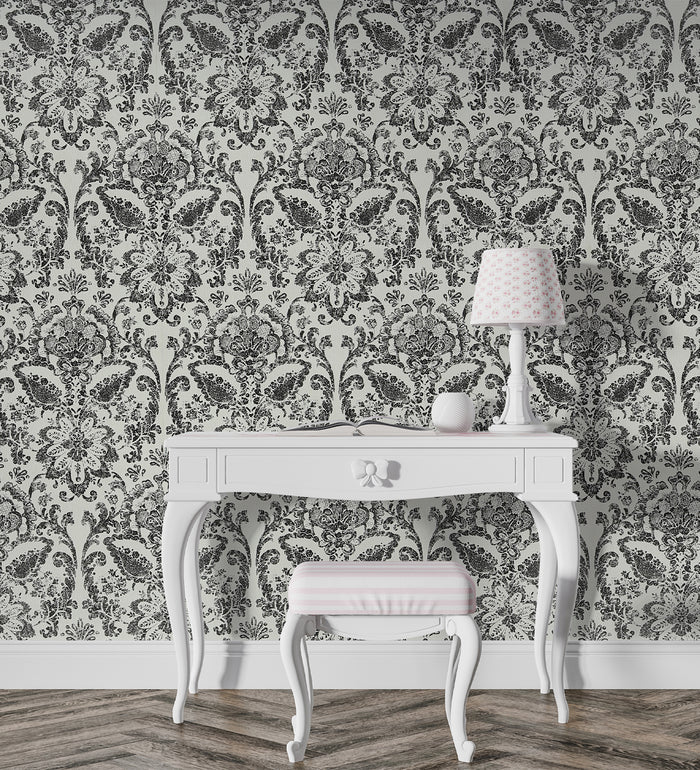 American Classic Black and White Baroque Wallpaper 330800