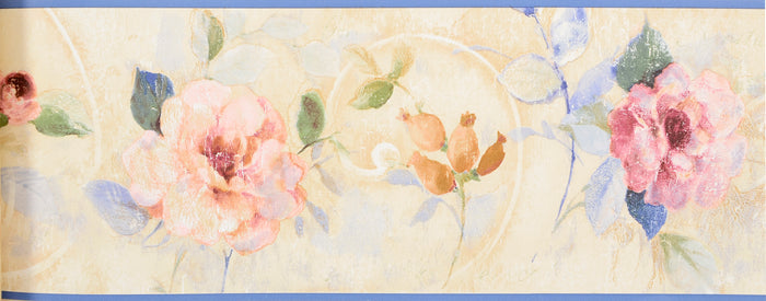 American Classic Pink Blue Roses Brown Swirl Motif Wallpaper 330883