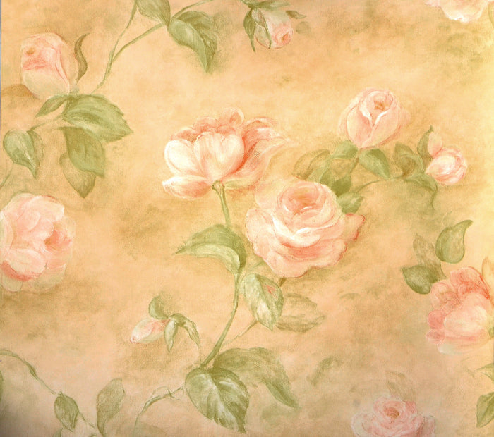 American Classic Pink Brown Roses Natural Print Wallpaper 330872