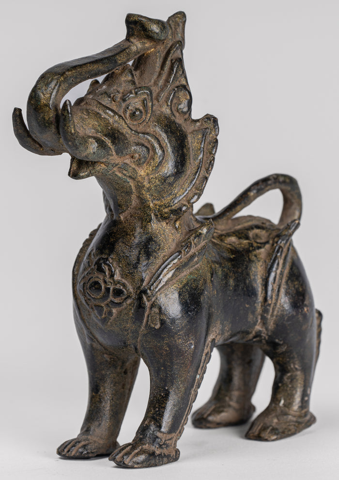 Antique Burmese Style Bronze Standing Chinthe Guardian Temple Lion - 11.5cm/5"