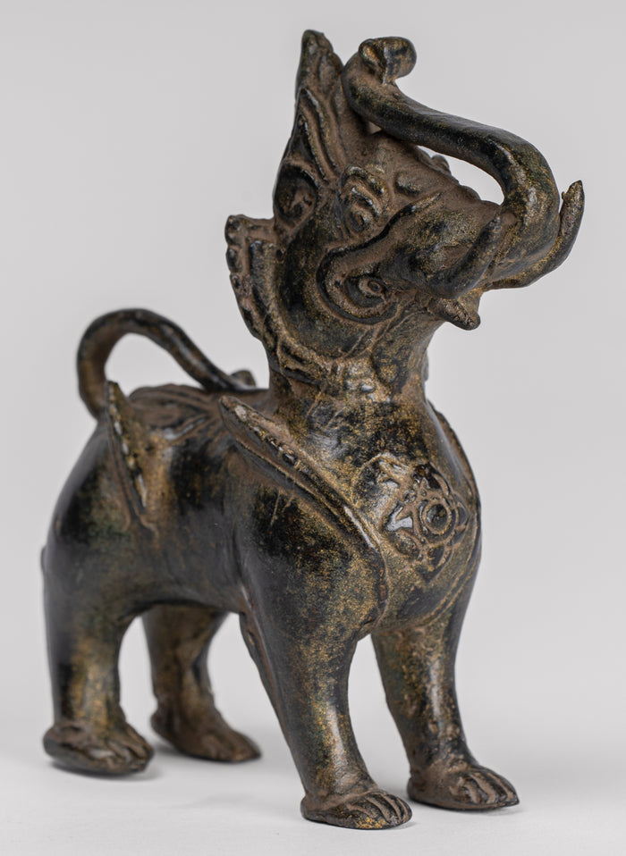 Antique Burmese Style Bronze Standing Chinthe Guardian Temple Lion - 11.5cm/5"