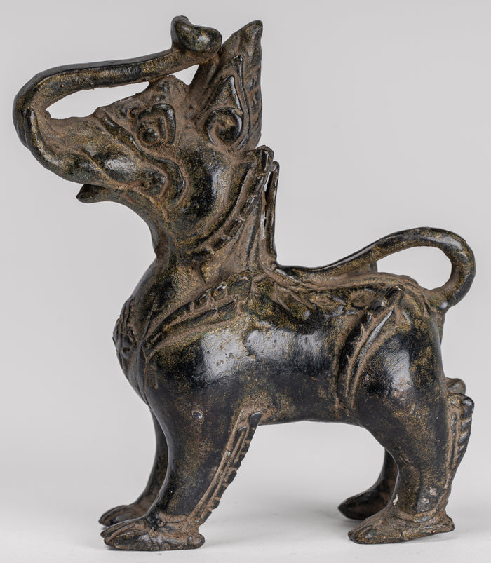 Antique Burmese Style Bronze Standing Chinthe Guardian Temple Lion - 11.5cm/5"