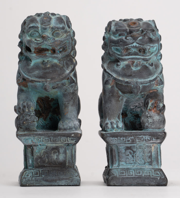 Antique Chinese Style Temple Guardian Lions Shishi Lions Foo Dogs Imperial Lions (Pair) - 10.5cm/4"