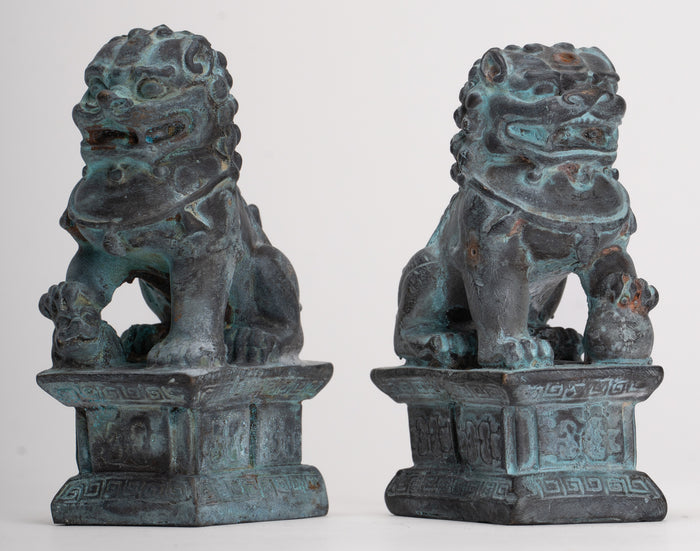 Antique Chinese Style Temple Guardian Lions Shishi Lions Foo Dogs Imperial Lions (Pair) - 10.5cm/4"