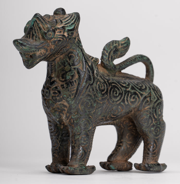 Antique Khmer Style Bronze Standing Chinthe Guardian Temple Lion - 10.5cm/4"