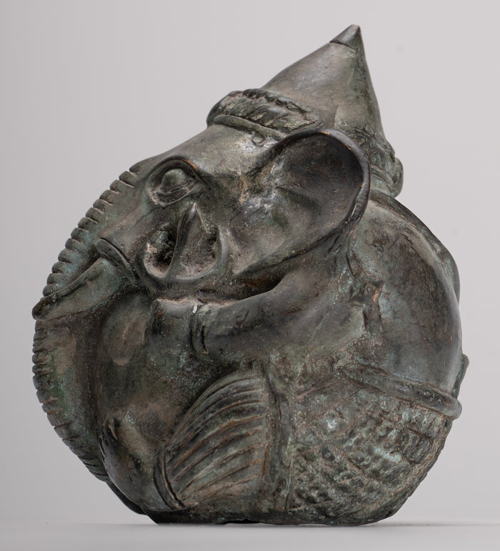 Antique Khmer Style Bronze Seated Round Elephant Statue - 12cm/5" Tall