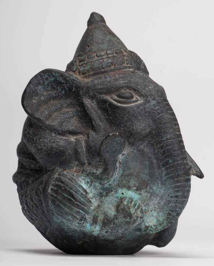 Antique Khmer Style Bronze Seated Round Elephant Statue - 14cm/6" Tall