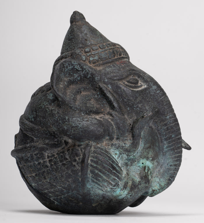 Antique Khmer Style Bronze Seated Round Elephant Statue - 14cm/6" Tall