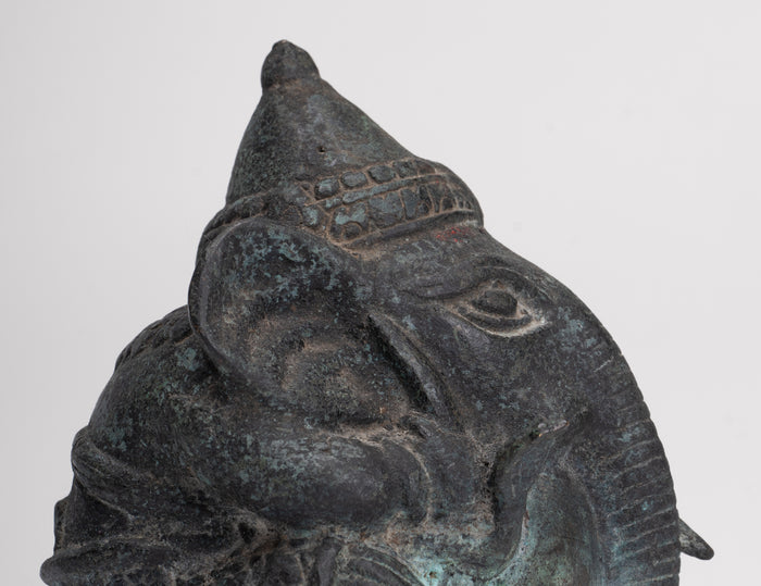 Antique Khmer Style Bronze Seated Round Elephant Statue - 14cm/6" Tall