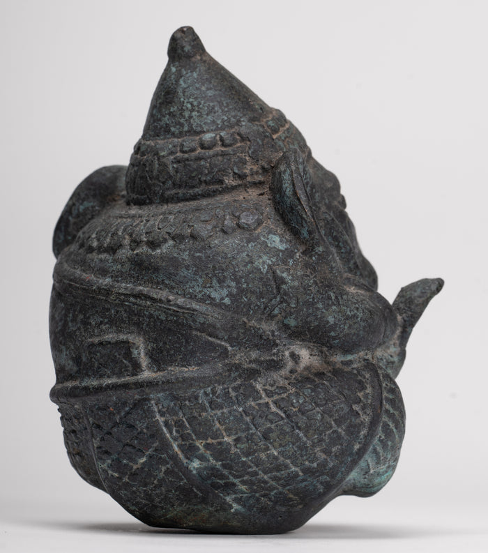 Antique Khmer Style Bronze Seated Round Elephant Statue - 14cm/6" Tall