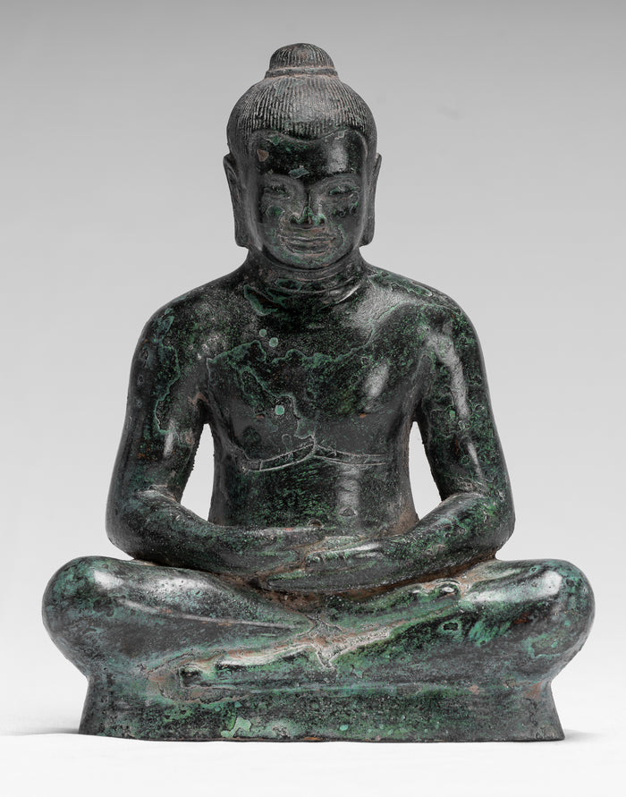 Antique Khmer Style Seated Bronze Meditation Jayavarman VII Statue - 18cm/7"