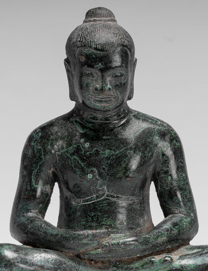 Antique Khmer Style Seated Bronze Meditation Jayavarman VII Statue - 18cm/7"