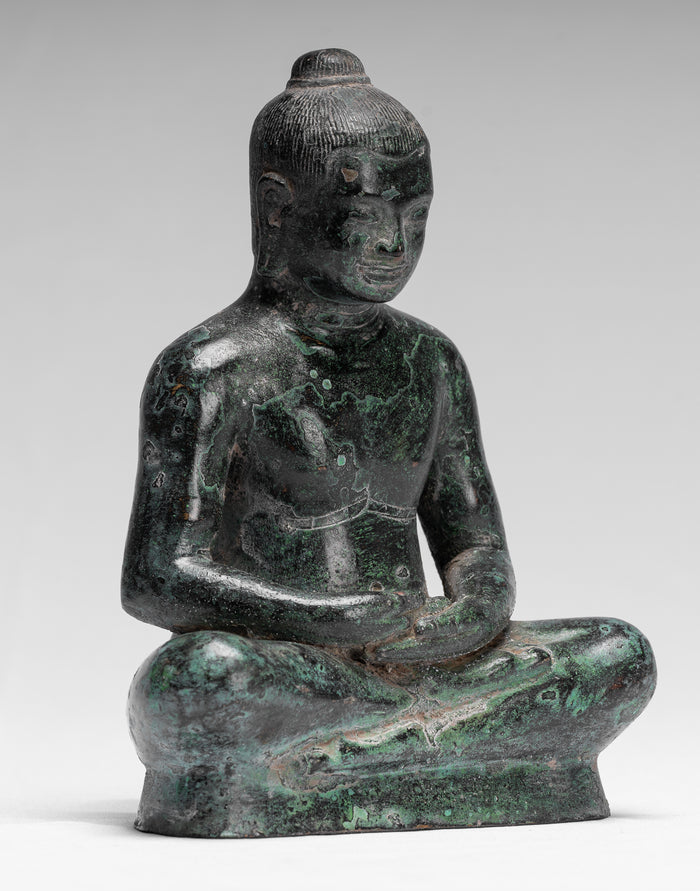 Antique Khmer Style Seated Bronze Meditation Jayavarman VII Statue - 18cm/7"