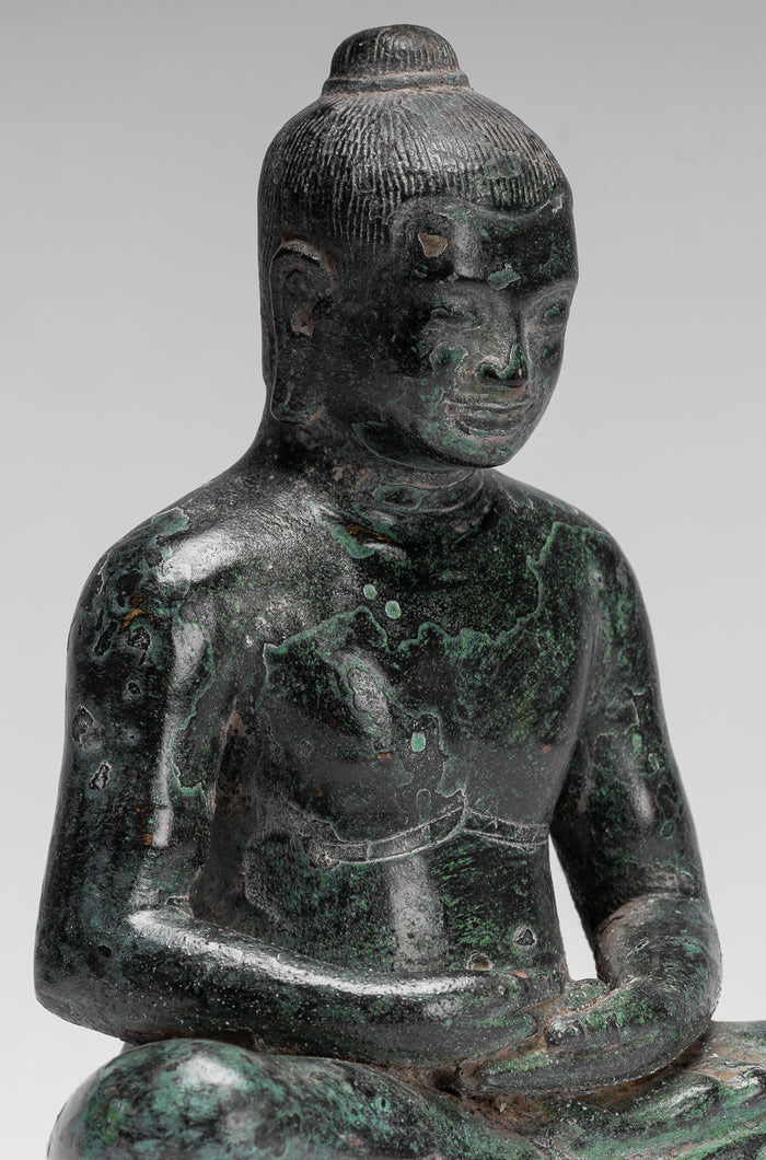 Antique Khmer Style Seated Bronze Meditation Jayavarman VII Statue - 18cm/7"