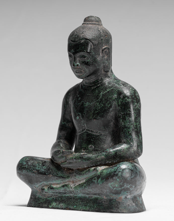 Antique Khmer Style Seated Bronze Meditation Jayavarman VII Statue - 18cm/7"