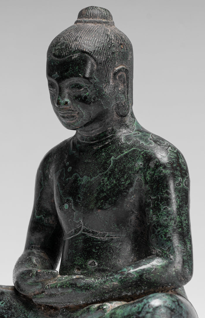 Antique Khmer Style Seated Bronze Meditation Jayavarman VII Statue - 18cm/7"
