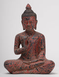 Antique Khmer Style Seated Wood Buddha Statue Teaching Mudra - 19cm/8"