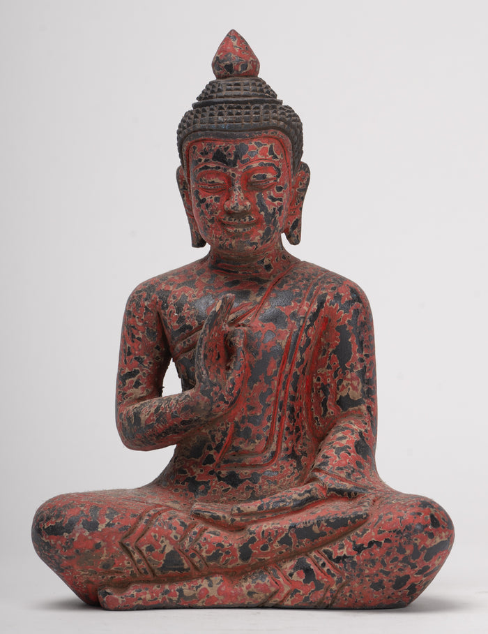 Antique Khmer Style Seated Wood Buddha Statue Teaching Mudra - 19cm/8"