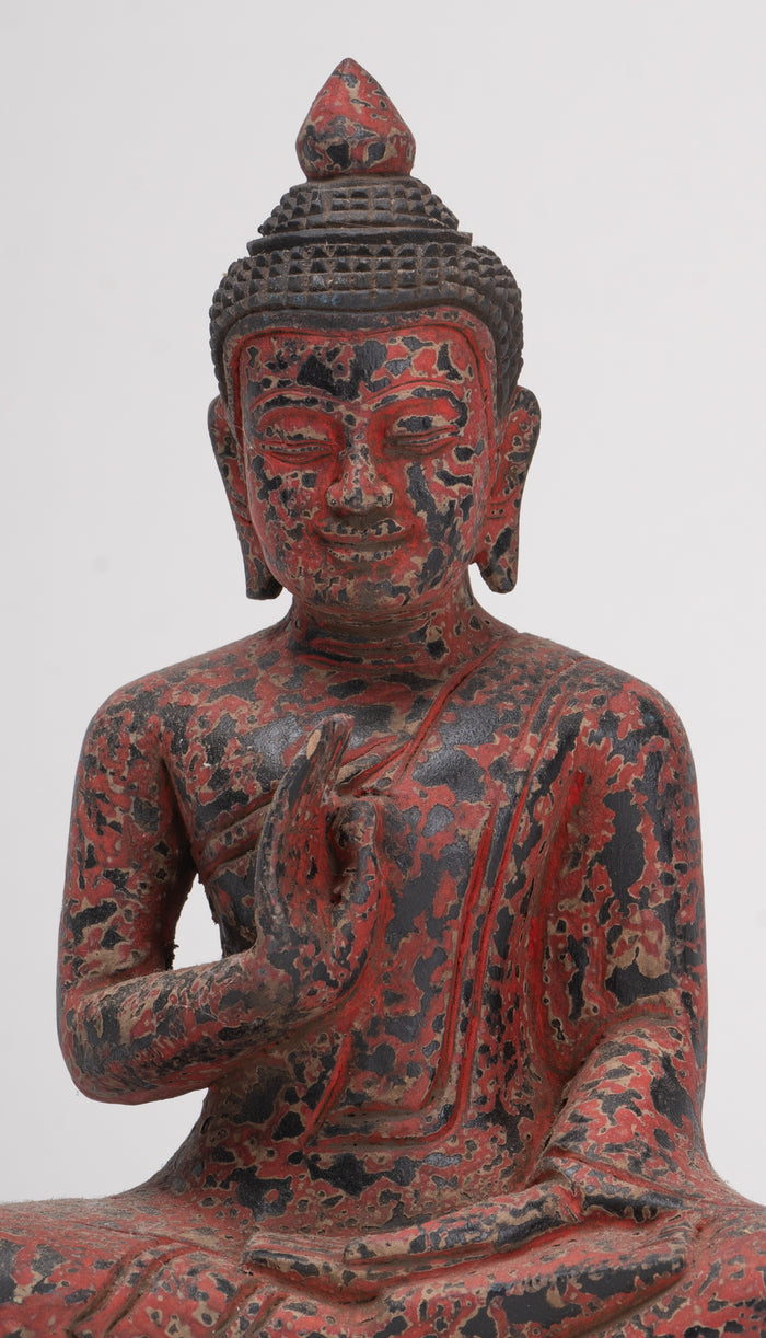 Antique Khmer Style Seated Wood Buddha Statue Teaching Mudra - 19cm/8"
