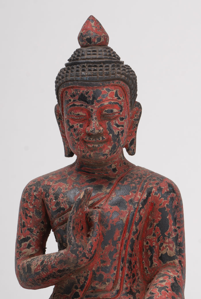 Antique Khmer Style Seated Wood Buddha Statue Teaching Mudra - 19cm/8"