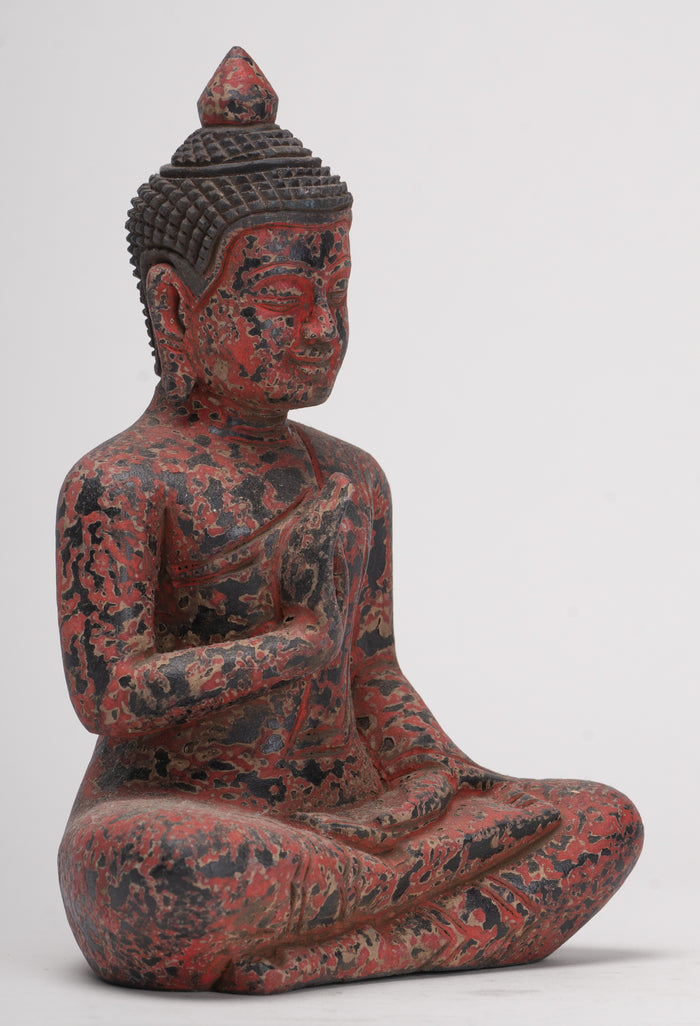 Antique Khmer Style Seated Wood Buddha Statue Teaching Mudra - 19cm/8"