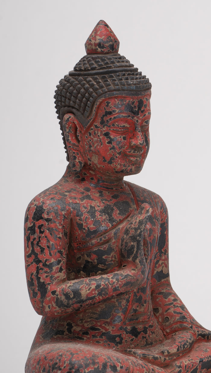 Antique Khmer Style Seated Wood Buddha Statue Teaching Mudra - 19cm/8"