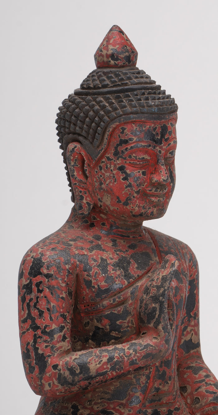 Antique Khmer Style Seated Wood Buddha Statue Teaching Mudra - 19cm/8"