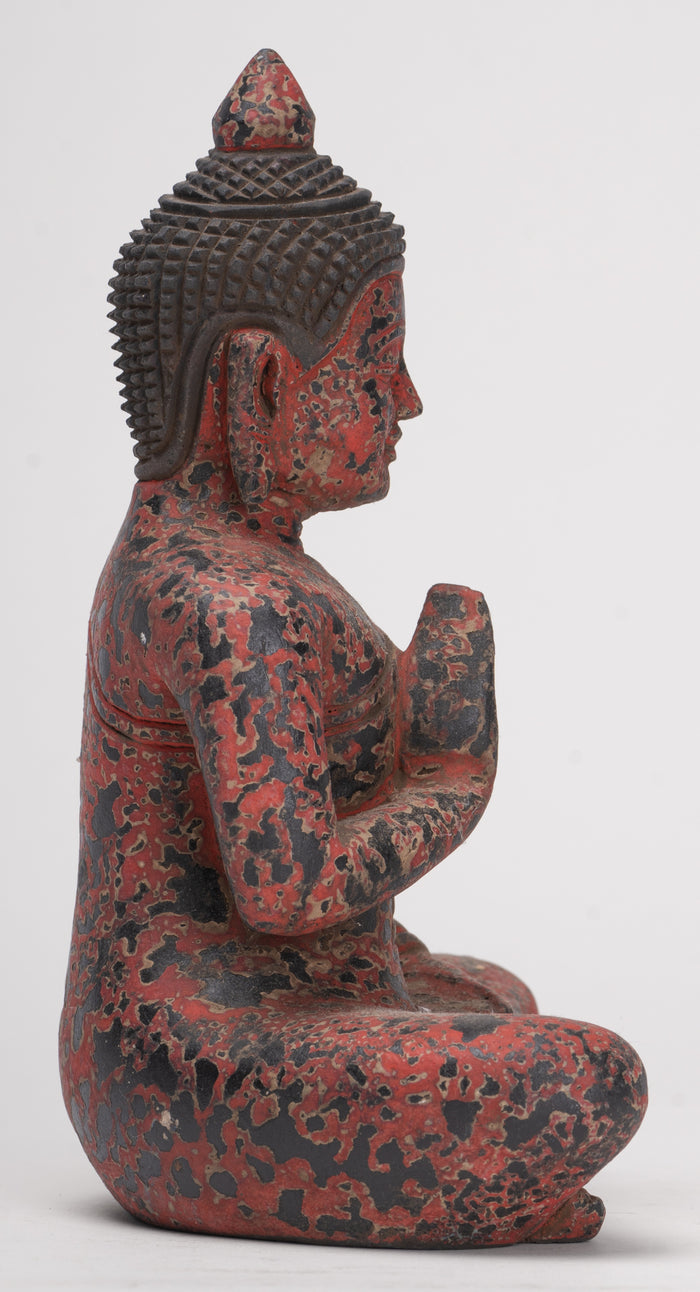 Antique Khmer Style Seated Wood Buddha Statue Teaching Mudra - 19cm/8"