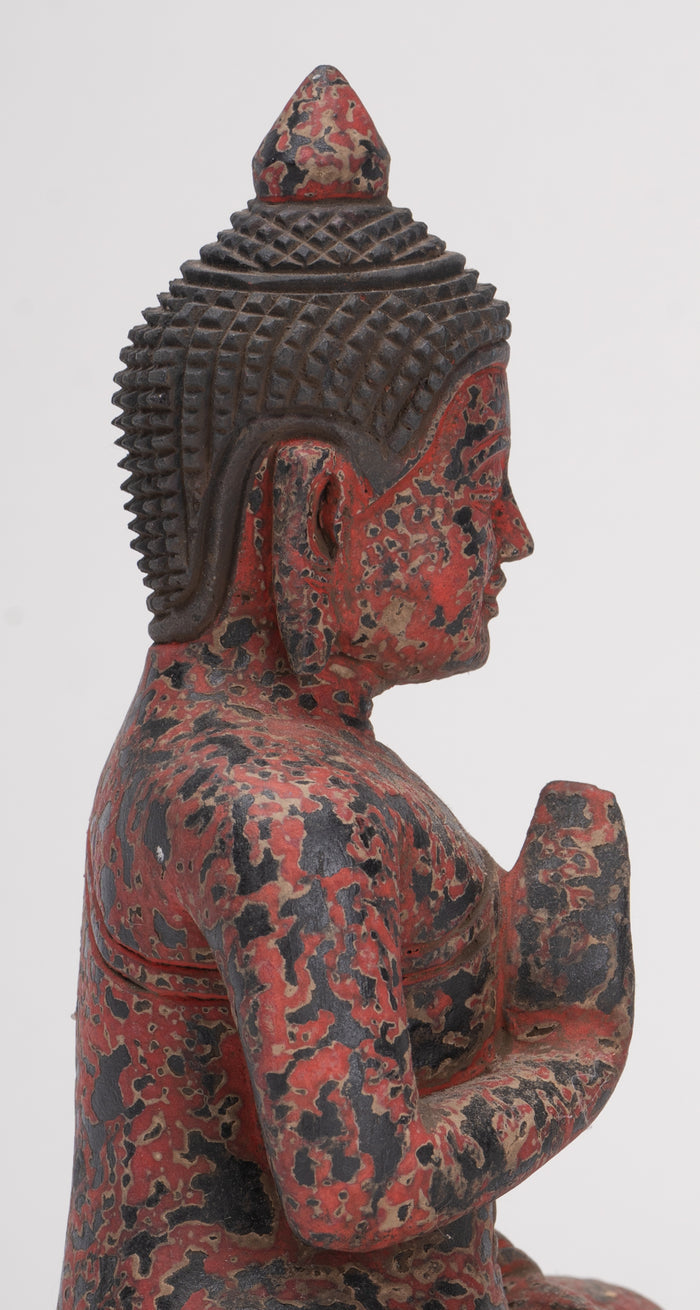 Antique Khmer Style Seated Wood Buddha Statue Teaching Mudra - 19cm/8"
