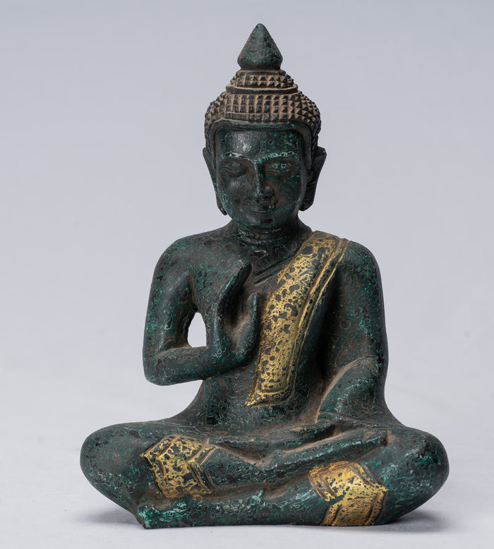 Buddha Sculpture - Buddha - Antique Khmer Style Seated Wood Buddha Statue Teaching Mudra - 20cm/8"