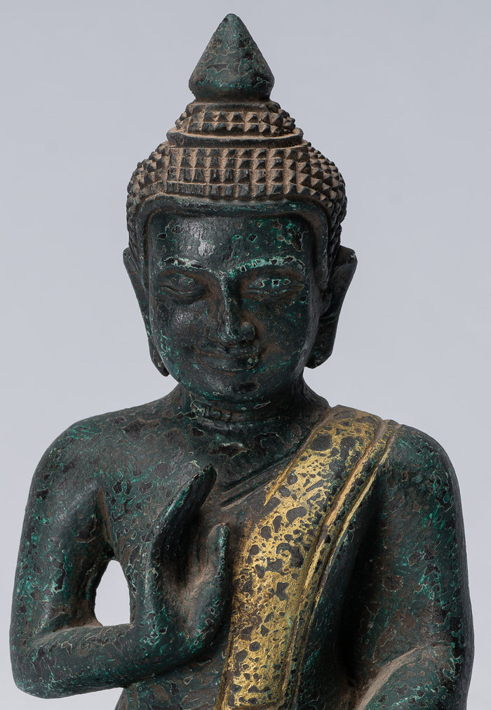 Buddha Sculpture - Buddha - Antique Khmer Style Seated Wood Buddha Statue Teaching Mudra - 20cm/8"