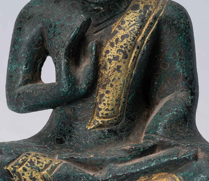 Buddha Sculpture - Buddha - Antique Khmer Style Seated Wood Buddha Statue Teaching Mudra - 20cm/8"