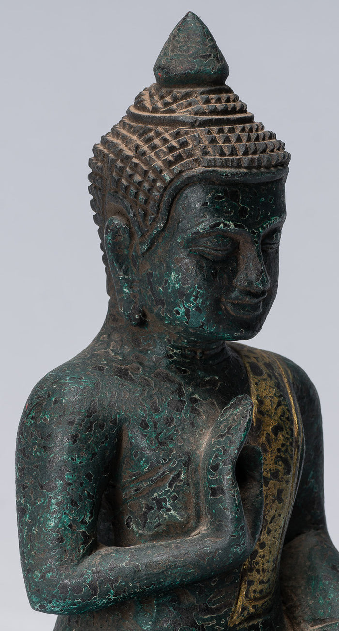 Buddha Sculpture - Buddha - Antique Khmer Style Seated Wood Buddha Statue Teaching Mudra - 20cm/8"