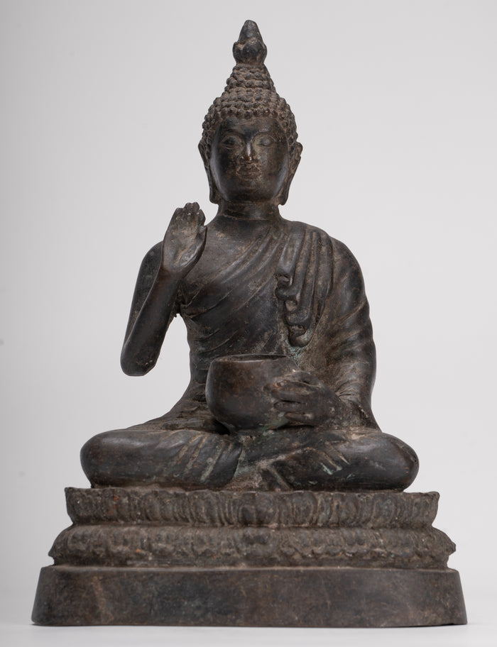 Antique Thai Style Bronze Chiang Saen Abhaya Protection Buddha Statue - 22cm/9"