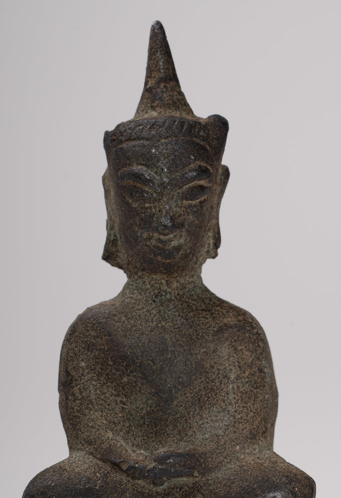 Antique Thai Style Seated Bronze Ayutthaya Meditation Buddha Statue - 9cm/4"