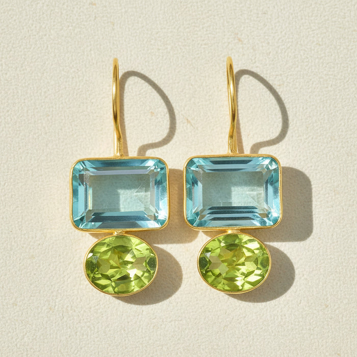 Gold drop earrings with square aqua and round lime green gemstones