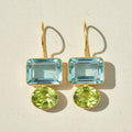 Gold drop earrings with square aqua and round lime green gemstones
