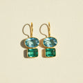 Gold hook earrings with aqua oval and mint green square drop charms