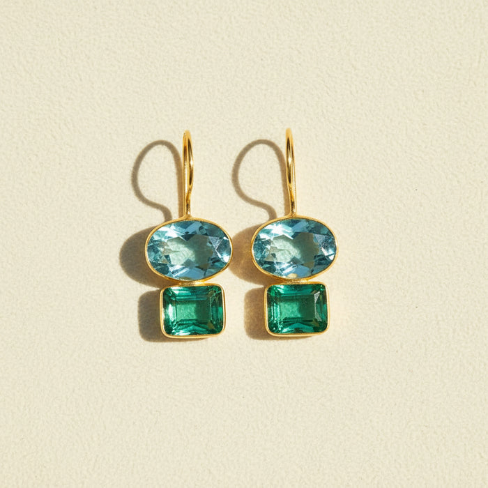 Gold hook earrings with aqua oval and mint green square drop charms