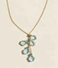 Aqua slice lariat necklace with gold chain and teal faceted charm cluster