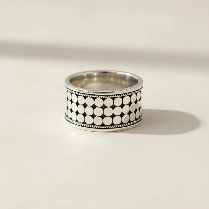 Silver-tone triple band ring with black circular dot beading