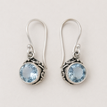 Round blue gemstone filigree drop earrings with silver-tone hooks