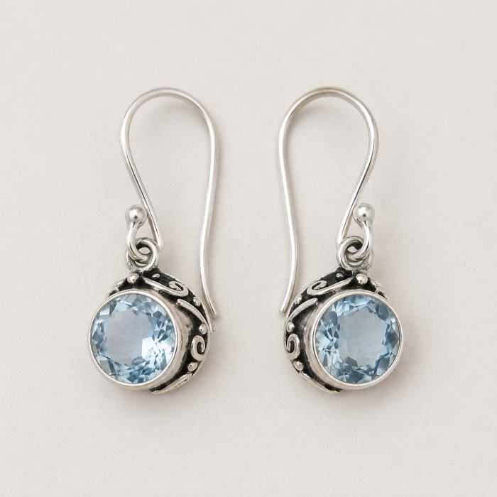 Round blue gemstone filigree drop earrings with silver-tone hooks