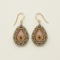 Gold hook teardrop earrings with blush, gold, and crystal beaded fringe